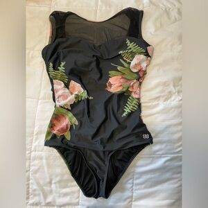 Albion Fit Maria Floral One Piece Swimsuit Mesh Neck Black Pink Size L